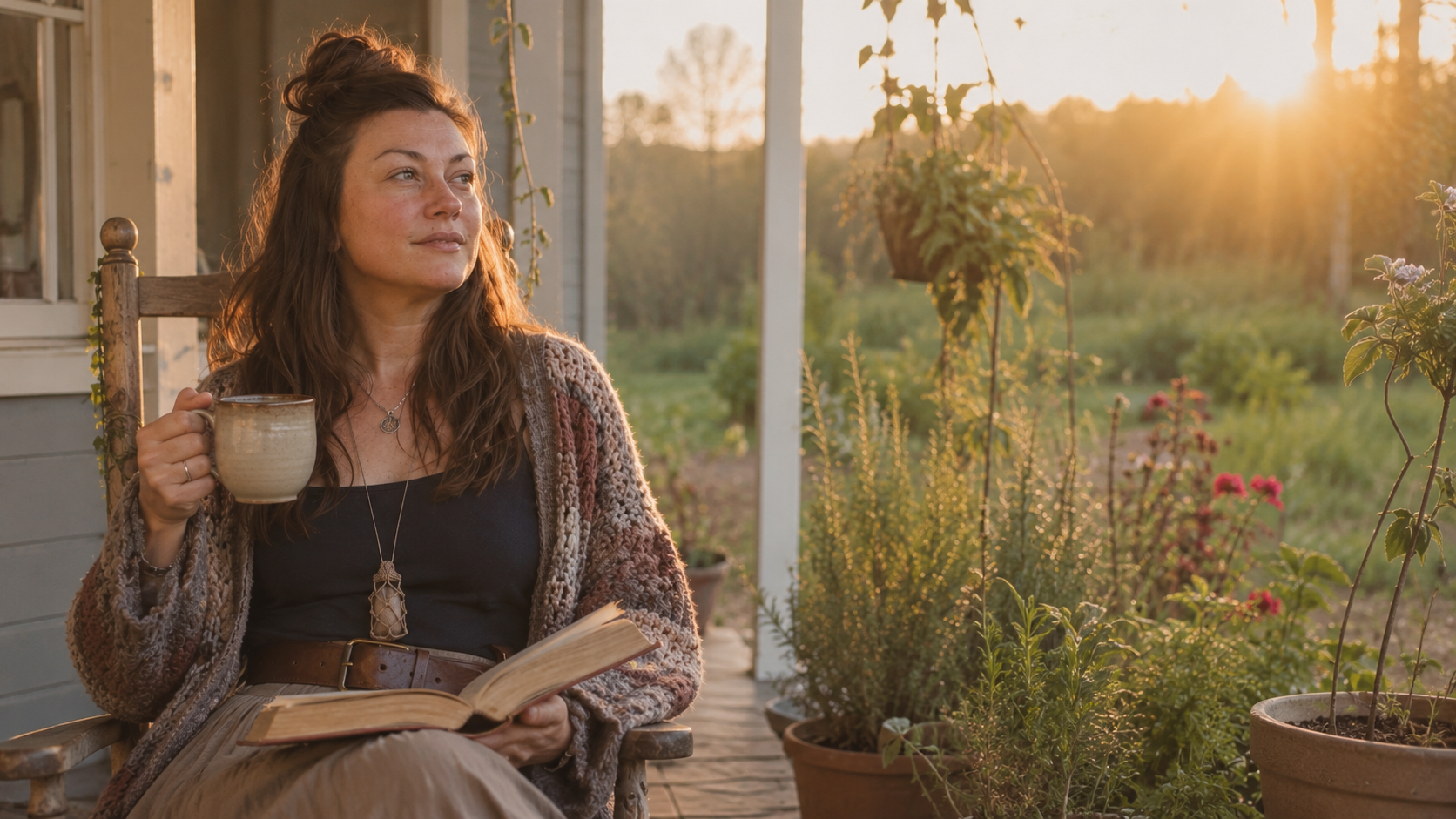 Sarah Jo Prichard on her porch at sunrise